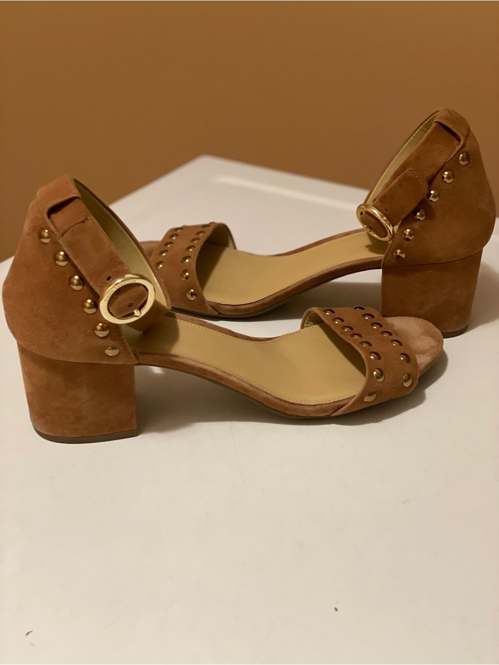 Michael Kors Suede Block Heel Sandals in Cognac
